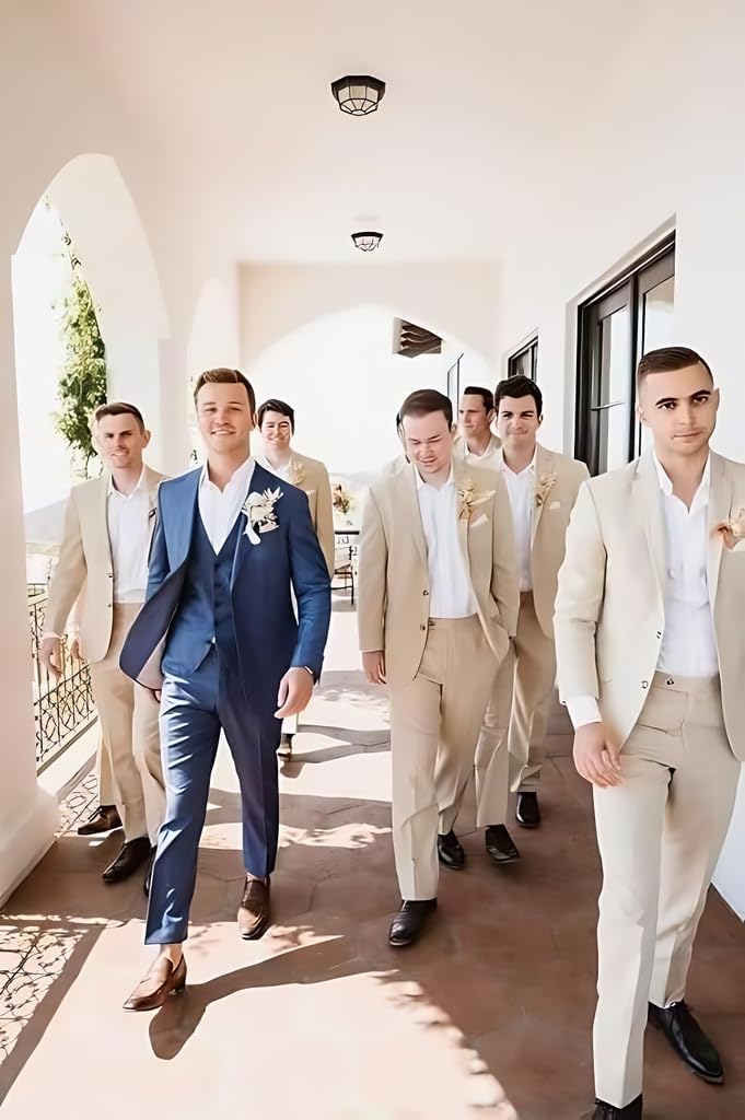 Men's Linen 2 Piece Suit Set Slim Fit Wedding Suits for Groomsmen One Button Tuxedo Blazer Pants