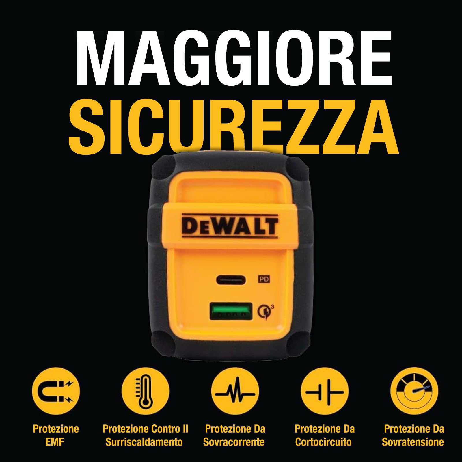 DEWALT Caricatore da Parete Heavy Duty 49,5W con Doppia Porta USB-A e USB-C (Cavo Non Incluso), Alimentatore Compatto Pieghevole a Ricarica Rapida per iPhone 17/16/15/14, Galaxy, Pixel, iPad