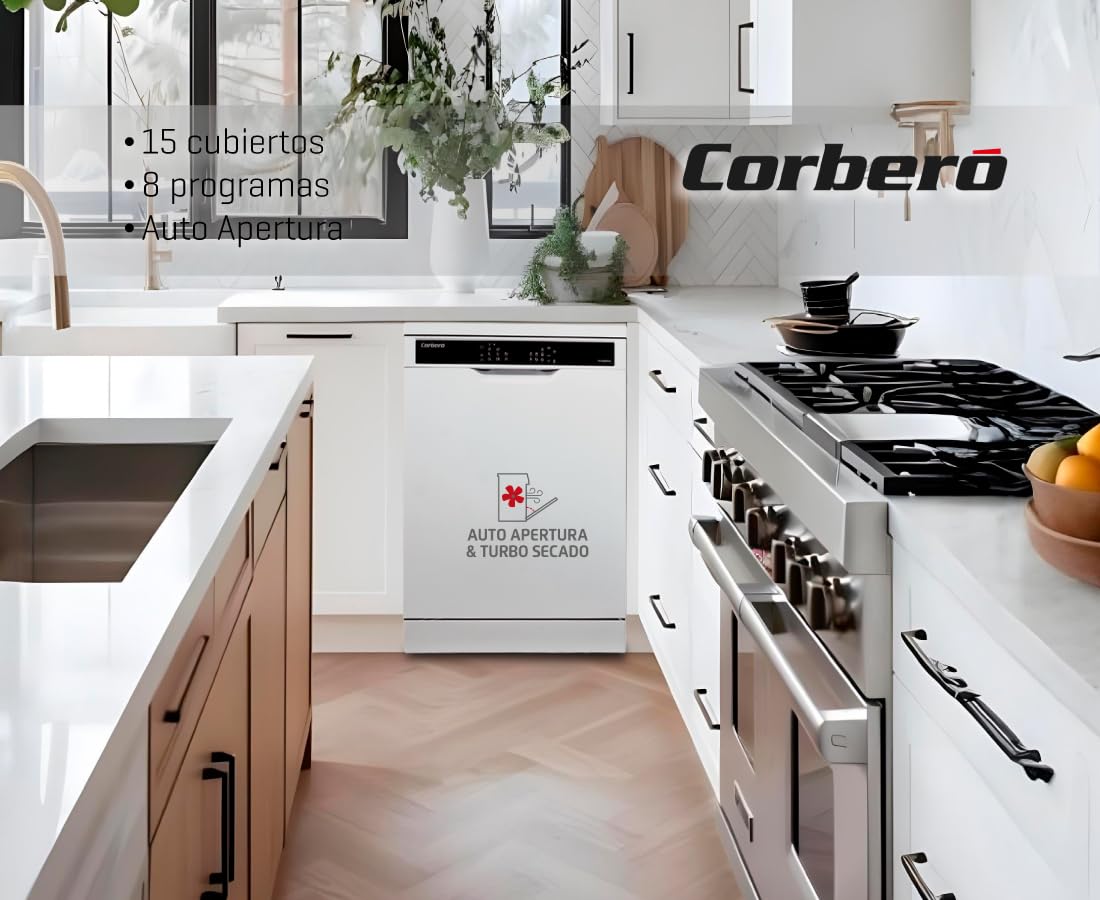 Corberó - Lavavajillas Gama Excellence | CLVV8622INVW | 15 Servicios | 8 Programas | 6 Temperaturas | Display LED | Turbo Fan Drying | Inicio Diferido | Media Carga | Auto Door | Blanco
