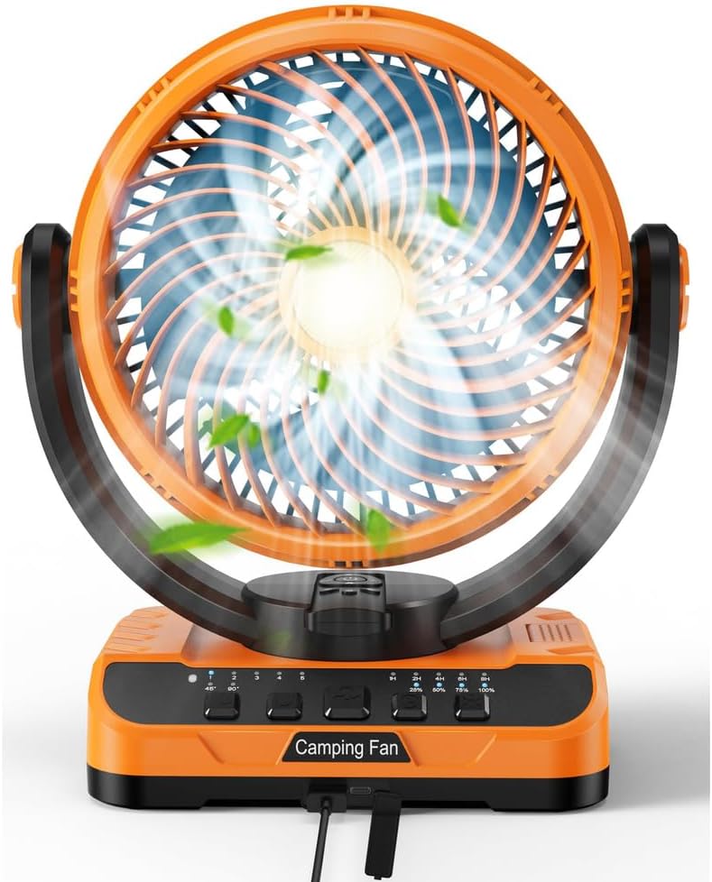 Battery Operated Camping Fan, 136H Max Cooling, Rechargeable Battery Powered Oscillating Floor Fan with Charger, Remote & Hook, Portable for Tent