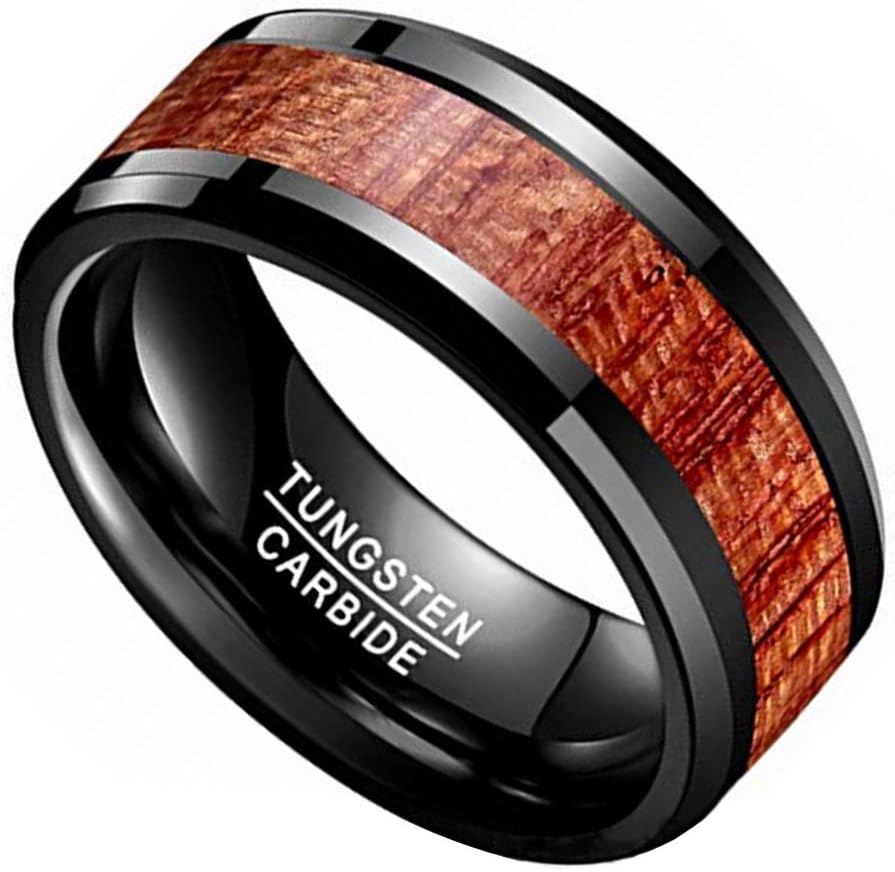 MZZJ Free Laser Engraving 8MM High Polish Tungsten Carbide Wood Inlay Ring Beveled Edges/Dome Engagement Wedding Ring Band for Men Women,Wooden Tungsten Ring, for Him Her,Size 5 to 14