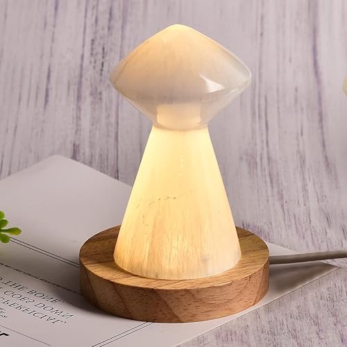 JIC Gem Lámpara de selenita USB con forma de hongo blanco, pequeña lámpara de cristal de selenita de 3,1 pulgadas con base de soporte de luz de