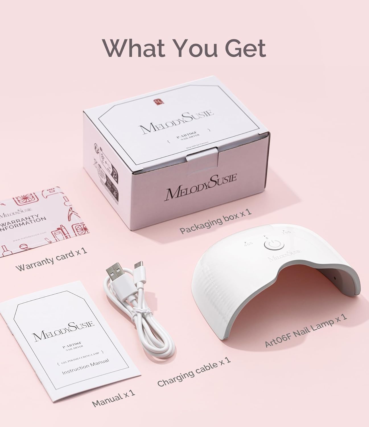 Contents of MelodySusie Mini Cordless UV Nail Lamp package including lamp, USB cable, manual, and warranty card