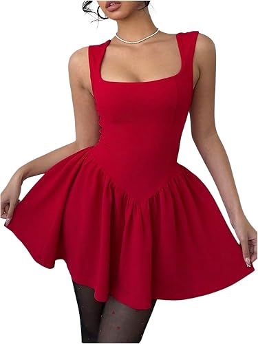 winkbay Women's Ruffle Summer Square Neck Sleeveless A Line 