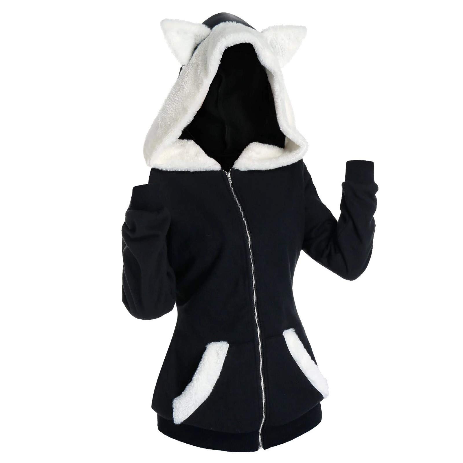 ZpervobaCasual Retro Cat Ear Hoodies for Womens, Vintage Plush Long Sleeve Loose Pullover Zip up Jacket Sweatshirt Tops
