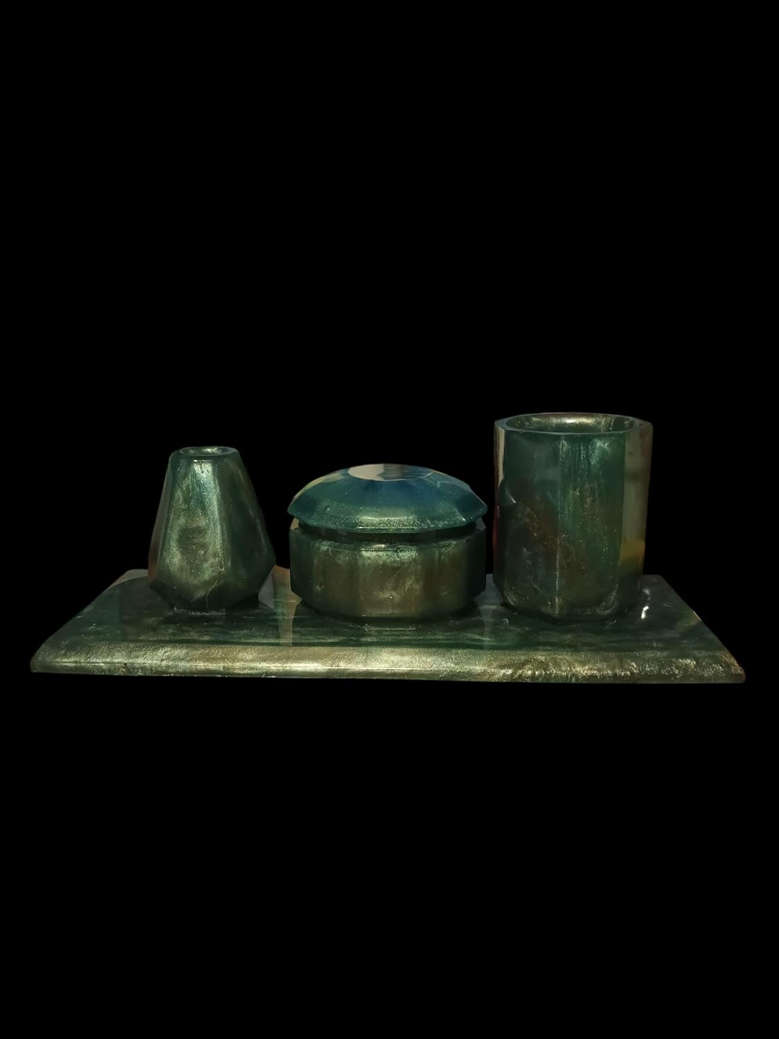 Resin Bathroom Accessories Set, 4 Piece Collection, Turquoise and Forest Green with Bronze Accents