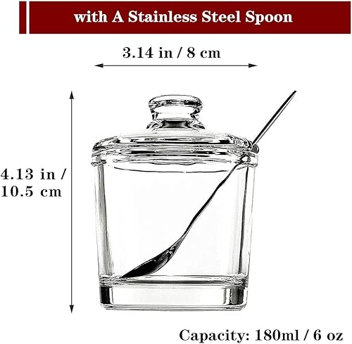 Miniatura 2 de Azucarero de vidrio grueso con cuchara para servir y tapa de vidrio, 6 onzas (6.1 fl oz), recipiente dispensador de condimentos para cocina y hogar,