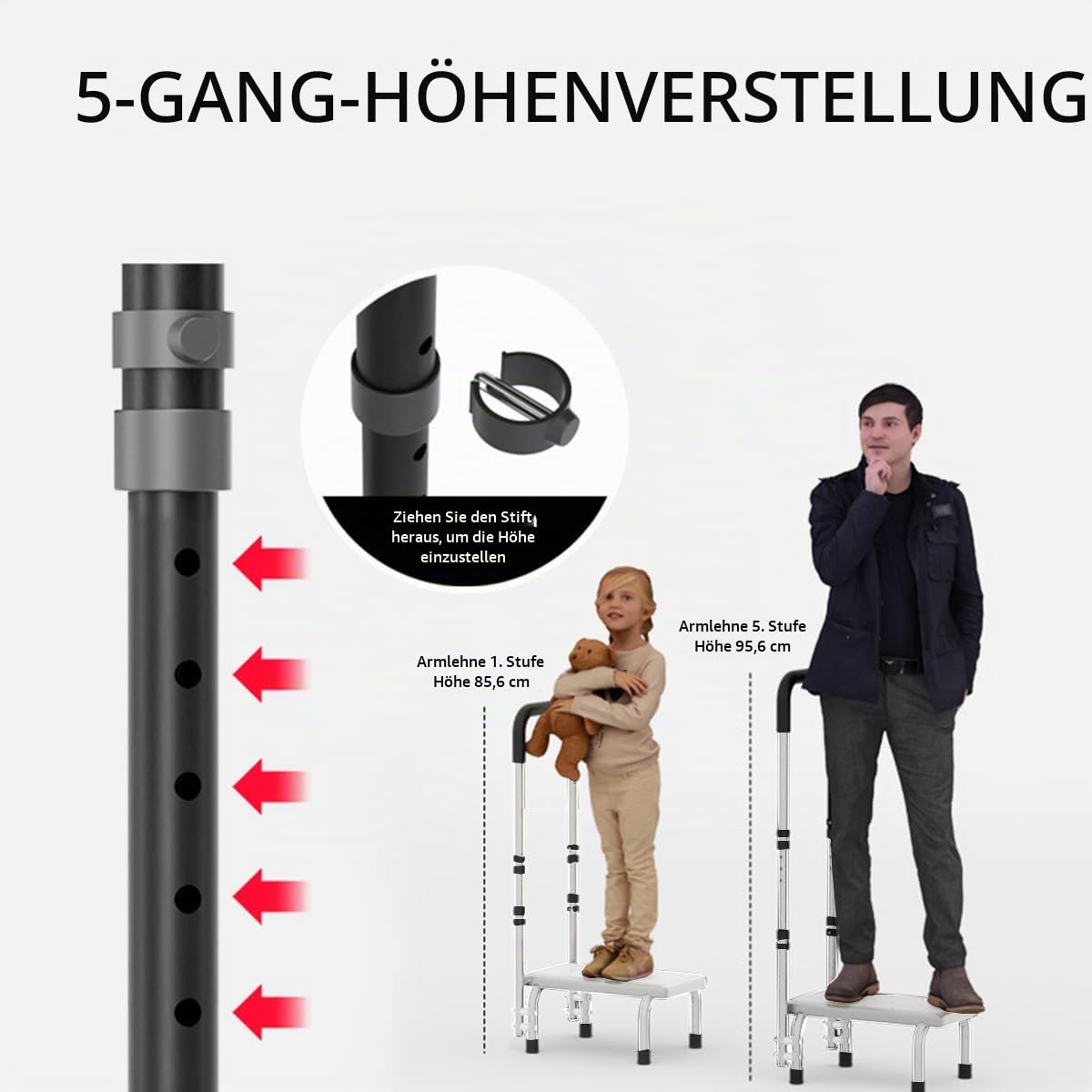 Badewannenstufe mit Haltegriff, Belastbarkeit bis 180KG | 5-Gang-Höhenverstellung, Einstiegshilfe für Senioren, Fußhocker für Bett, Küche, Badewanne
