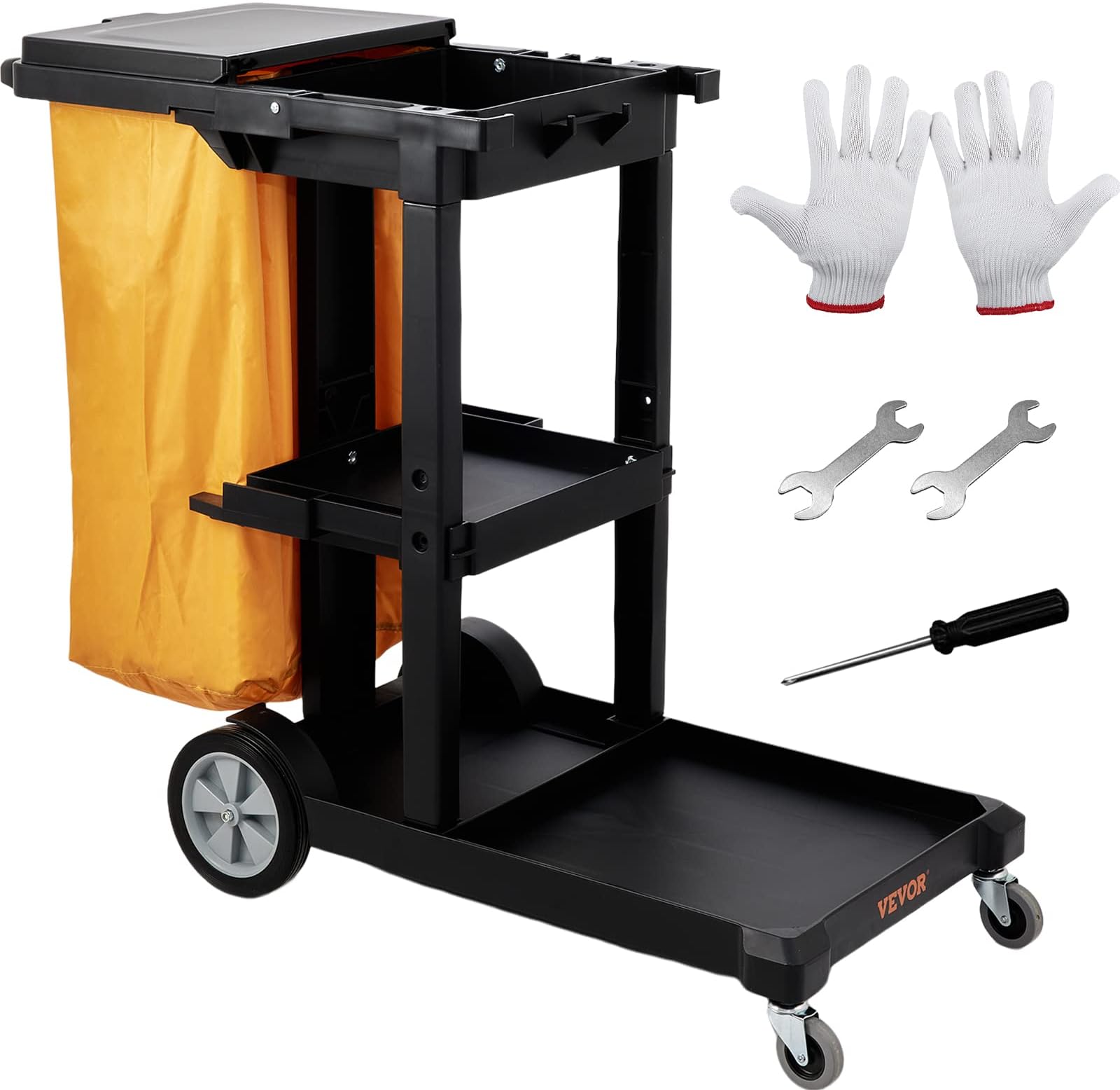 Cleaning Cart, 3-Shelf Commercial Janitorial Cart, 200 lbs Capacity Plastic Housekeeping Cart, with 25 Gallon PVC Bag and Cover, 47 x 20 x 38.6in, Yellow&Black