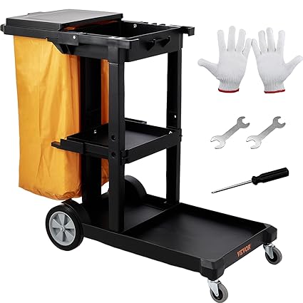 VEVOR Cleaning Cart, 3-Shelf Commercial Janitorial Cart, 200 lbs Capacity Plastic Housekeeping Cart, with 25 Gallon PVC Bag and Cover, 47 x 20 x 38.6in, Yellow&Black