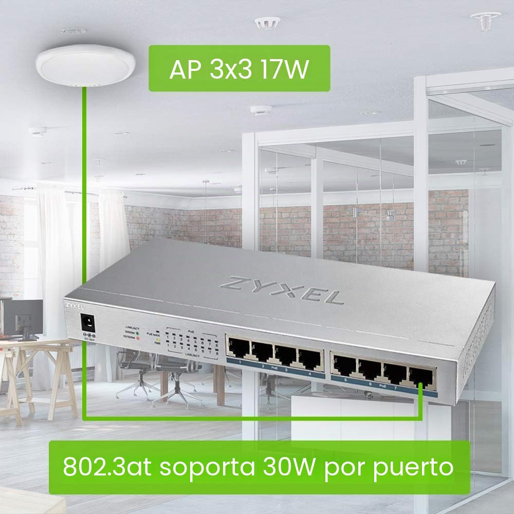 Zyxel Conmutador Gigabit de 8 Puertos | No Administrado | 8X PoE+ 60W | Divisor de Red LAN | Ethernet Network Splitter [GS1008HP] | 8x Puertos PoE+ con 60W de Presupuesto, Sin Ventilador, Indicadores LED, Kit de Montaje en Pared Incluido