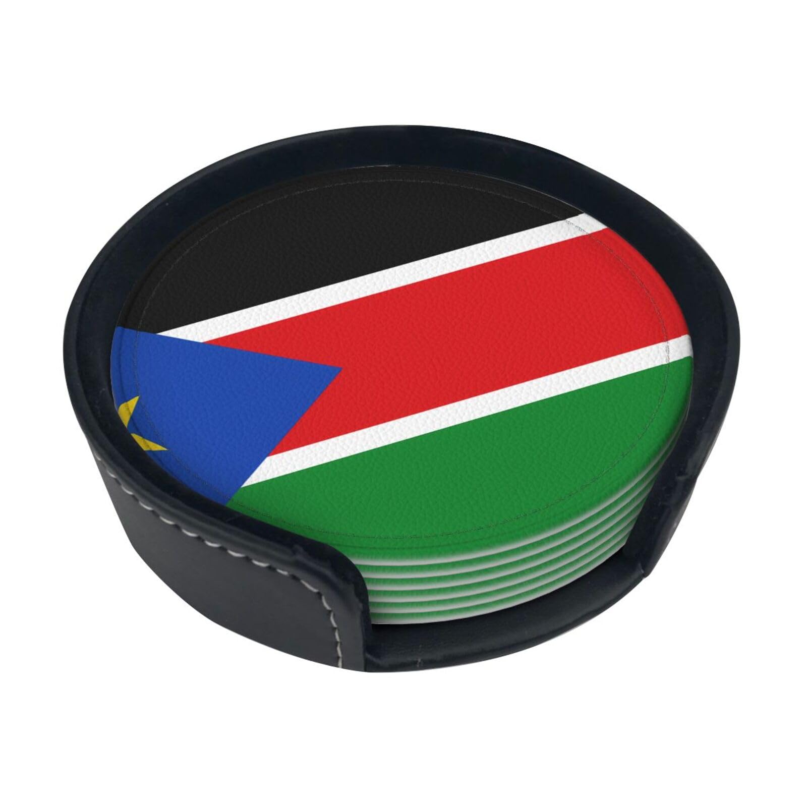 Cntdbu White Flag Of South Sudan Leather Coasters Set Of 6-Pu Leather Drink Mats For Table, Heat Resistant Round Coasters With Holder