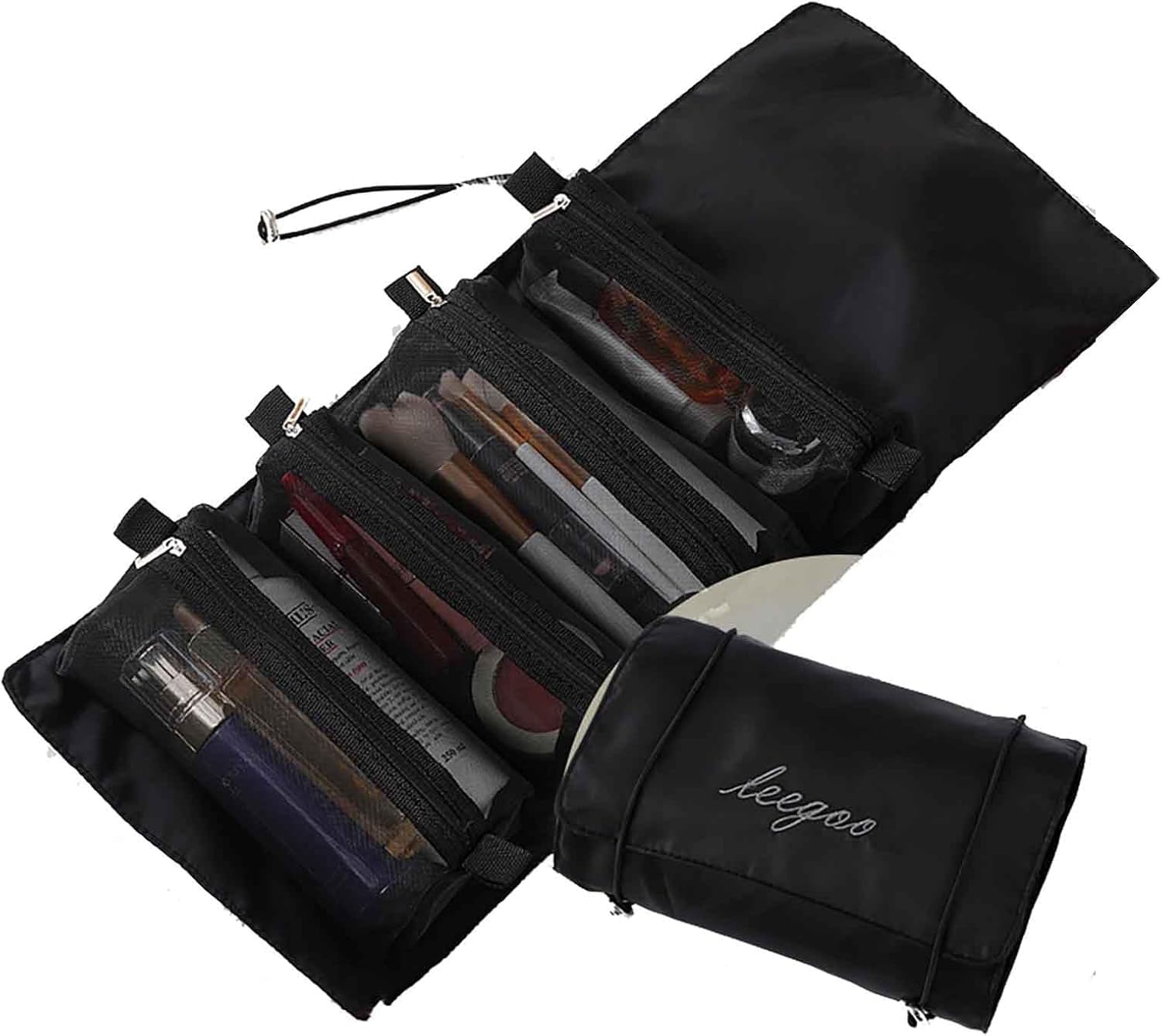 LESLEE Nylon 4-in-1 Hanging Roll Up Makeup Pouch Kit, Folding Travel Toiletry Bag with Compartments, Detachable Pouch Cosmetic Organizer (Black)-picture-16