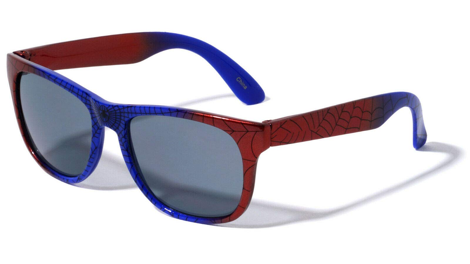 Kids Youth Boys Superhero Spider Web Square Sunglasses (Red & Blue Frame, Black Smoke Lenses)