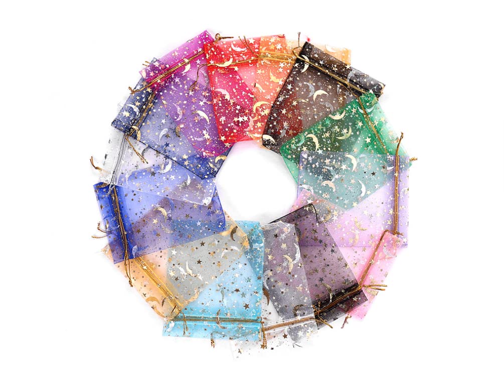 Ruwado 50 Pcs Mesh Gift Bags with Drawstring 3.5 x 4.7 Inch Moon Star Patter Organza Bags for Christmas Thanksgiving Gift Bags Baby Shower Wedding Parties