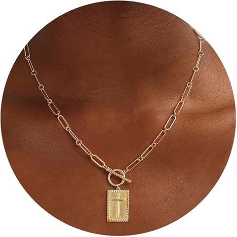 Moodear Cross Necklace for Women Trendy Chunky 14K Gold Plated/Silver Plated Cross Pendant Necklace Toggle Clasp Paperclip Chain Dainty Charm Necklace Fashion Religious Simple Jewelry Christian Gifts for Women Faith