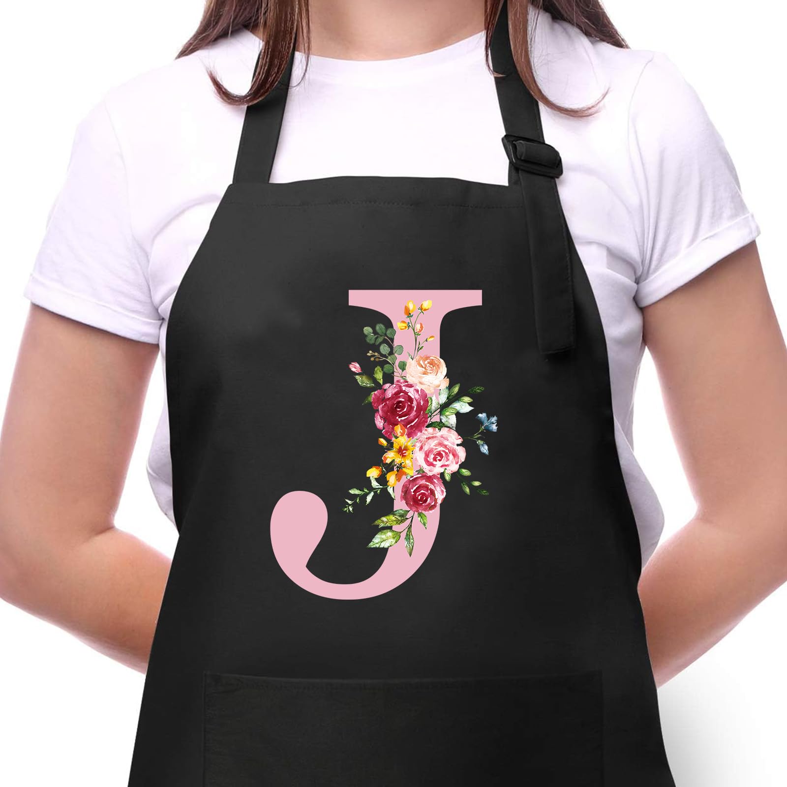Kitchen Apron Women with Initial and Flowers, Waterproof Aprons with Pockets, Adjustable BBQ Apron for Kitchen Coffee Gardening Baking, Birthday Gift for Mom Wife Grandma J, J