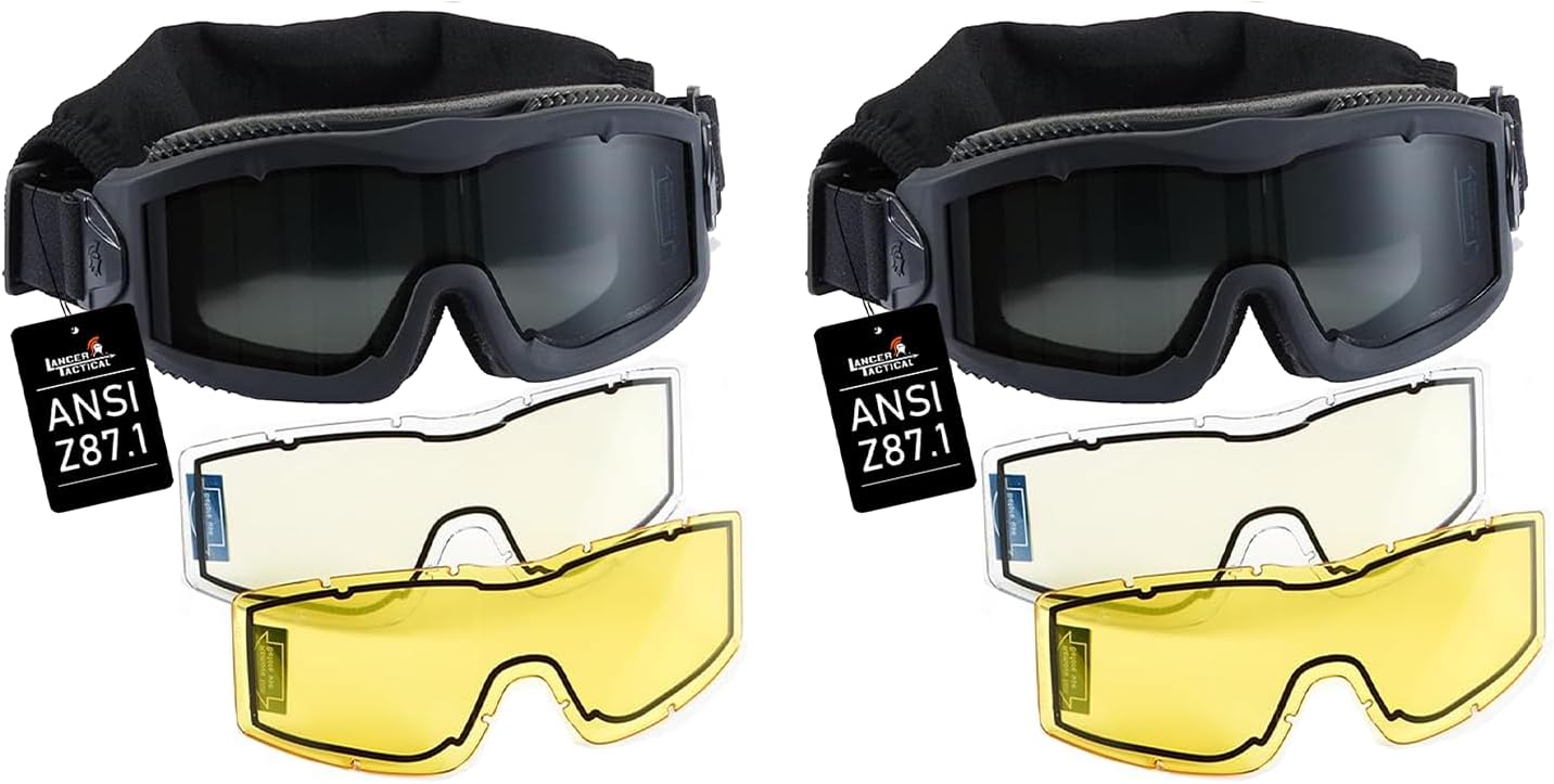 Lancer Tactical AERO Airsoft Tactical Safety Goggles ANSI Z87.1-Anti-Fog Glasses with 3 Interchangeable Lens, Two Pack