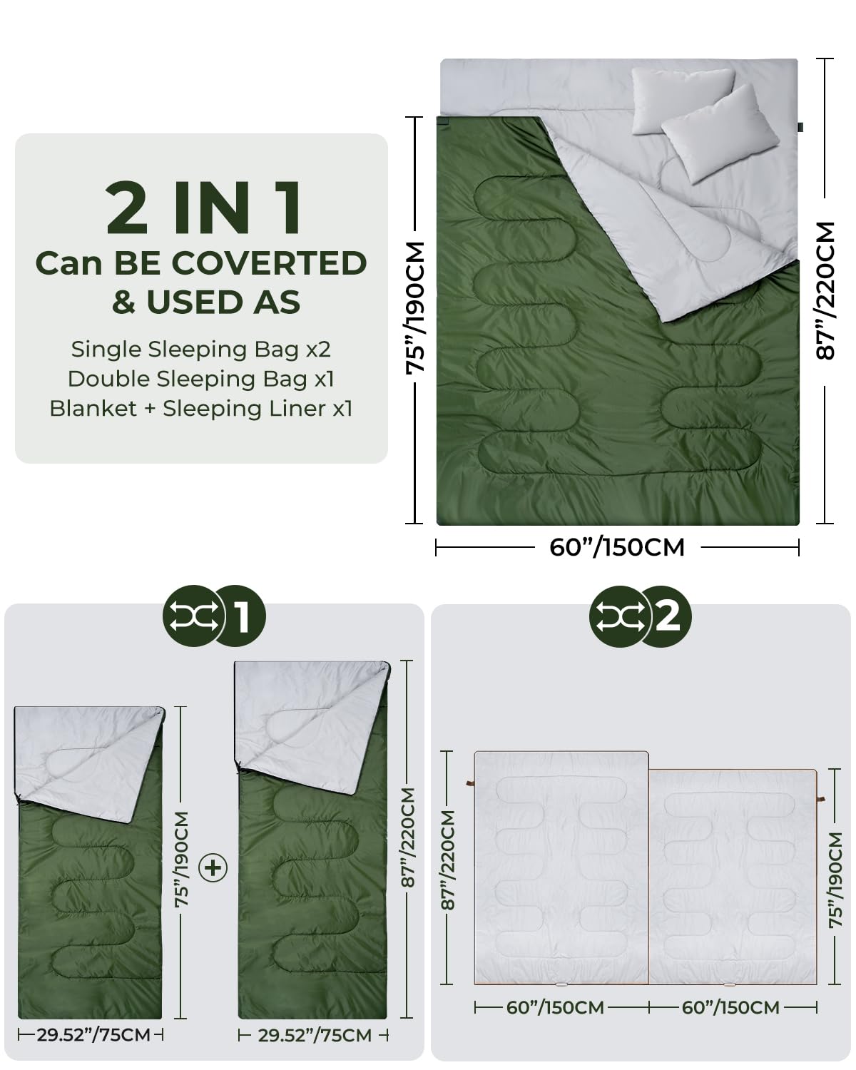 Ohuhu Doppelschlafsack, Schlafsack 2 Personen 220x150cm Schlafsack Outdoor mit 2 Kissen Deckenschlafsack für Camping, Wandern, Familie & Festival