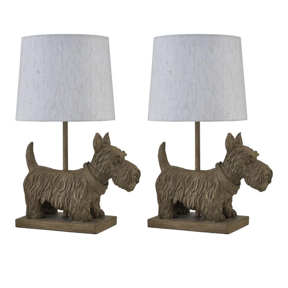 firstchoicelighting Set of 2 Scottie Dog Table Lamps or Bedside Lights with Oatmeal Linen Shade, Resin Base, Height 41cm, LED Compatible