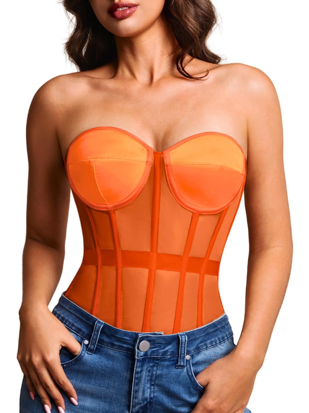 Kaei&amp;Shi Women's Strapless Mesh Corset Top, Padded Lace-Up Bustier