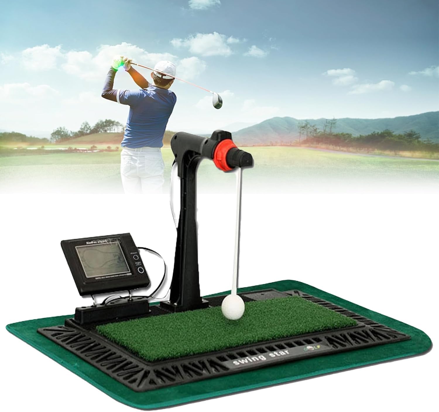 Trener huśtawki golfowej z cyfrowym ekranem i głosem pomocniczym, automatyczna piłka zwrotna 360°, regulacja wysokości 3 biegów, mata treningowa do korekty huśtawki do użytku wewnątrz i na zewnątrz