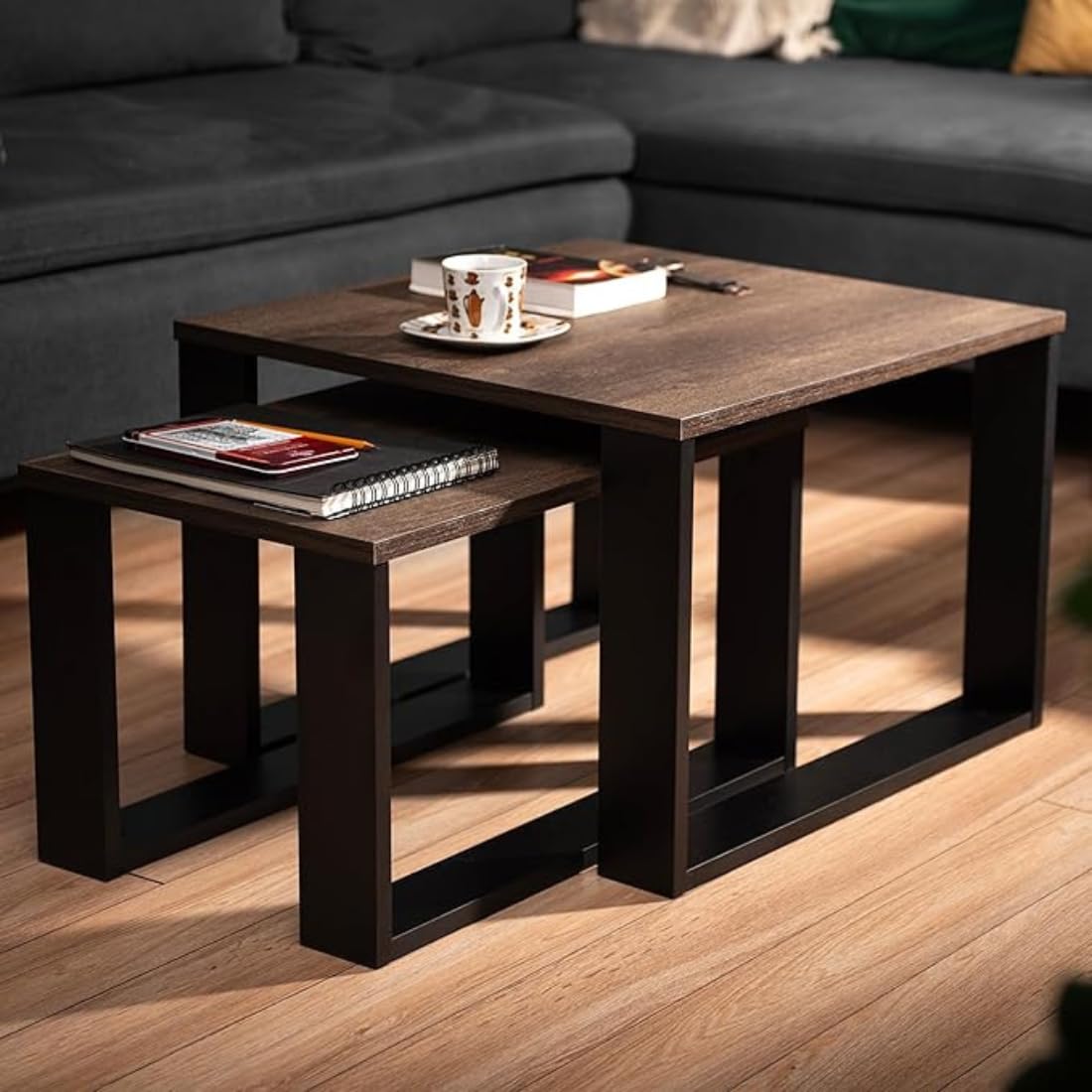 Wooden Expert Living Room Table Wood,Coffee Table Set of 2 in 2 Sizes,Side Table Wood,Table for Sofa with Black Frame and Wooden top,Side Tables for Living Room Set,Coffee Table,Side Table (Walnut)