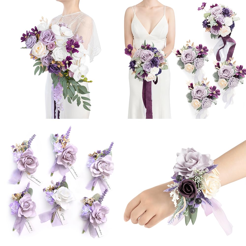 Ling's Moment Lilac and WhiteBridal Bouquet Package, 13" Bridal Bouquet, 4pcs Bridesmaid Bouquet, 6pcs Boutonnieres, 2pcs Wrist & Shoulder Corsages
