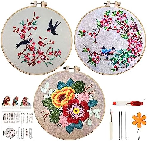 ZENSTORE Embroidery Kit for Beginners with 3 Plastic Hoops and 3 Embroidery Patterns Tools and Instruction Sets, Beginner Cross Stitch Kits for Adults, Beginners Hand Embroidery Kit for Kids