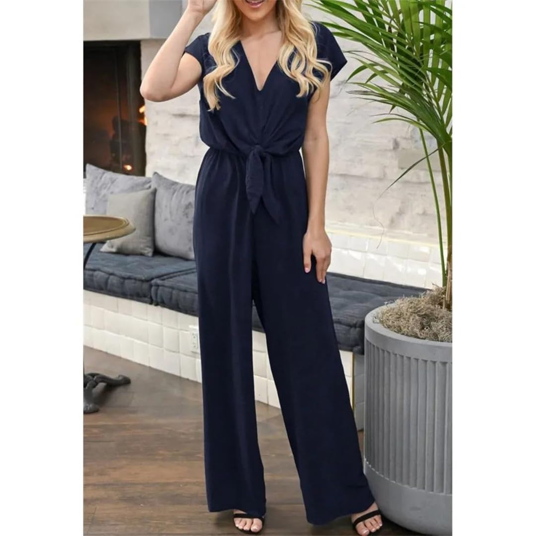 Yeuyyben Overol de verano para mujer, cuello en V, sin mangas, pierna ancha, color sólido, casual, ajuste holgado, espalda descubierta, para oficina