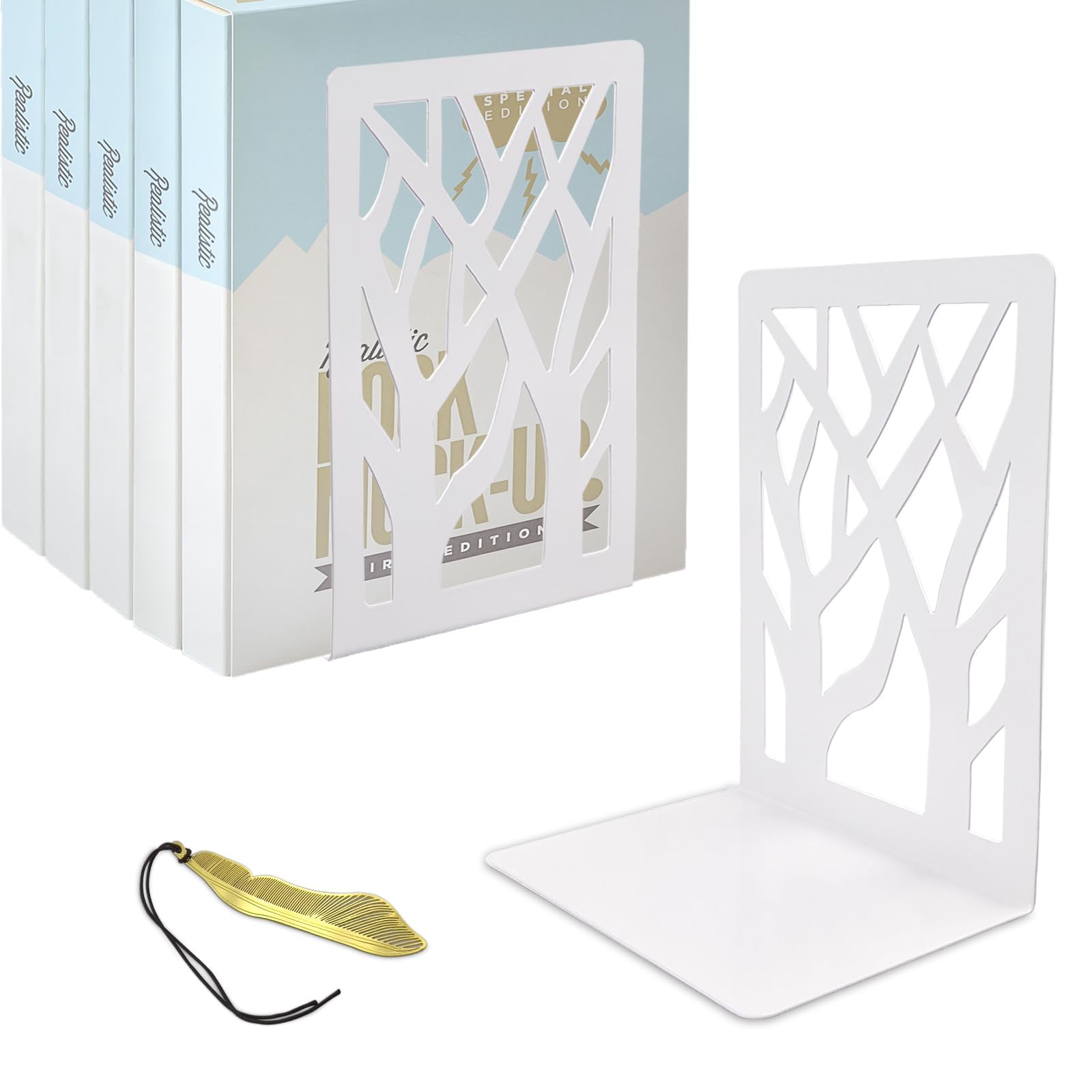 Mgood Metal Bookends, 1 Pair White, Heavy Duty, Non-Skid, Unique Tree Design, Book Holders for Shelves, Desk, Office, Library