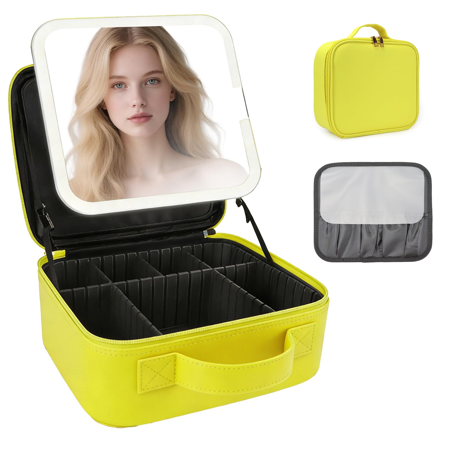 Beauty case con specchio a LED, organizer da viaggio con 3 impostazioni di illuminazione, divisori regolabili e contenitore per pennelli da trucco, 9 giallo