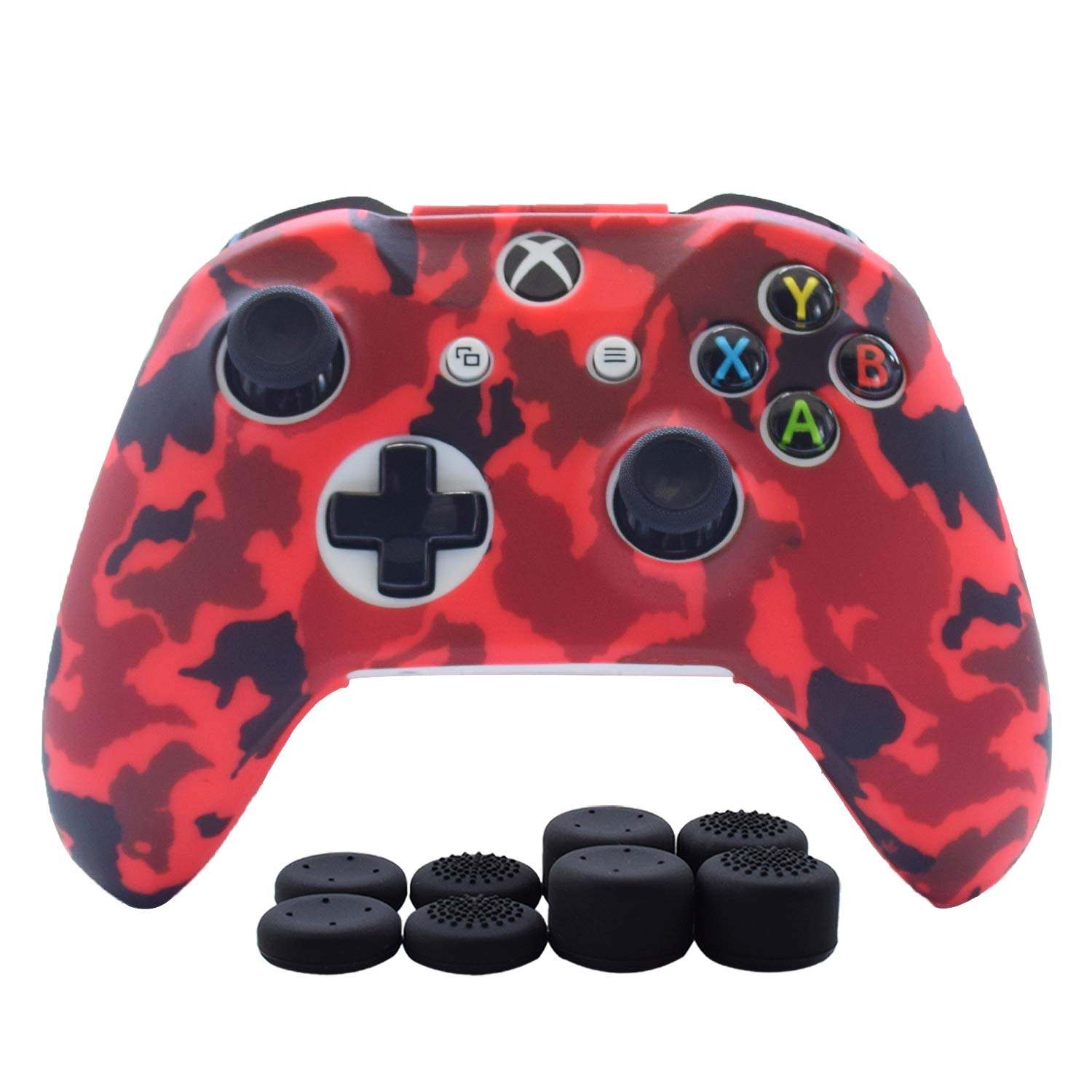 Hikfly Xbox One Controller Cover Silicone Xbox Grip Kits for Xbox One Controller Video Games(1 x Controller Camouflage cover with 8 x Thumb Grip Caps)(Red)