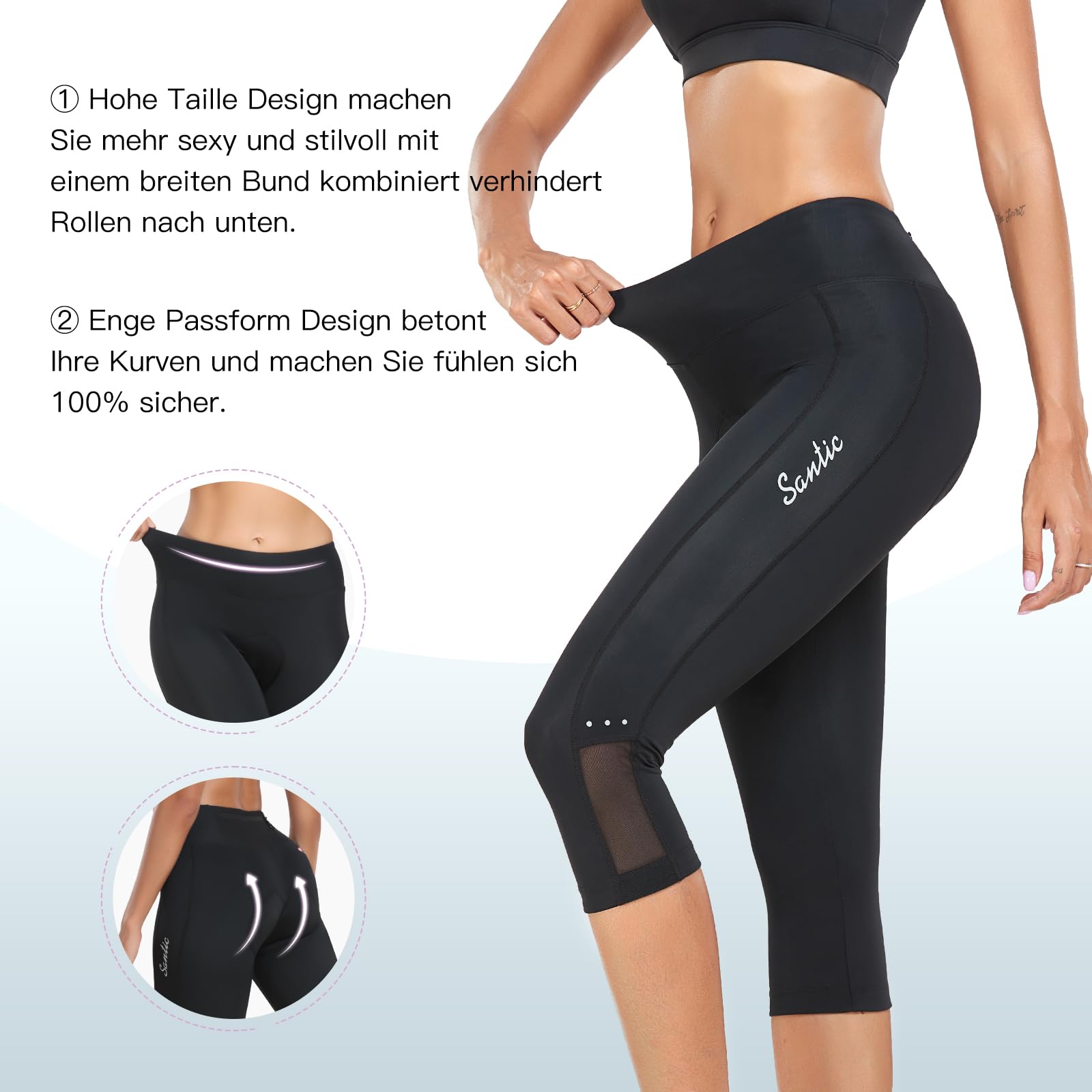 Santic Pantaloni da Ciclismo da Donna a 3/4, Imbottiti, da Ciclismo, da Ciclismo, con Imbottitura Elastica, ad Asciugatura Rapida, Traspiranti