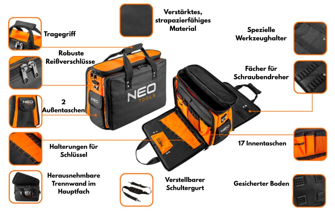 NEO TOOLS Werkzeugtasche Monteurtasche Polyester 600D, 17 Innentaschen, 2 Außentaschen, starre Bauweise, drei Hauptinnenfächer, verstärkte Reißverschlüsse 43.5 x 33 x 20 cm