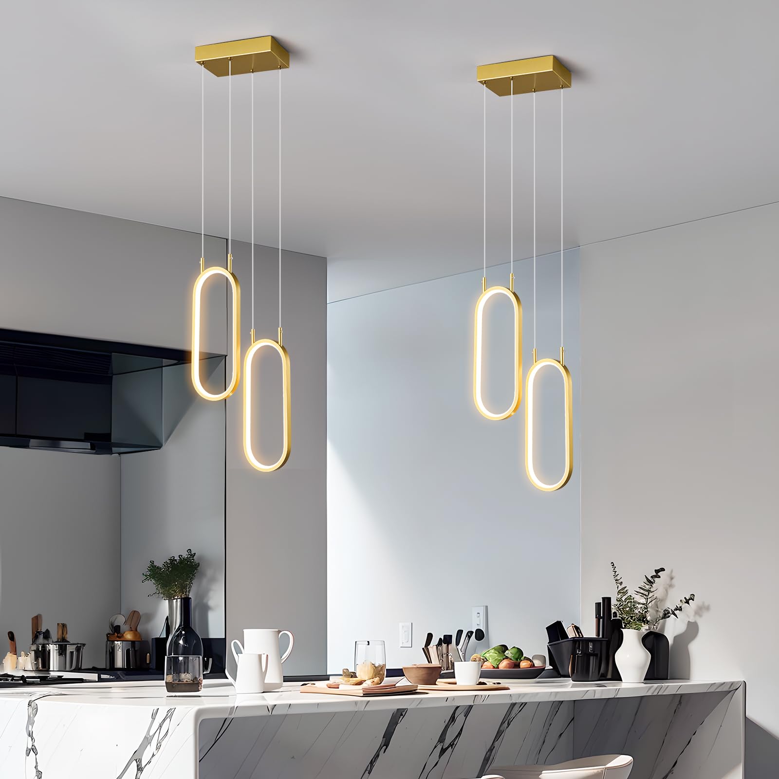 Moderne Dimmable Küche Pendelleuchten Or LED Pendulum Lampe 2 Anneaux Oval Pendulum Eclairage pour Küche Île Schlafzimmer Wohnzimmer Esszimmer