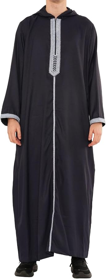 Men's Moroccan Thobe Hooded Djellaba Gandoura Embroidery Kaftan Eid Robe Hood Jubba