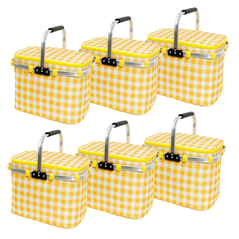 Image of Kuber Industries Picnic Basket With Lid | Market Storage With Aluminum Handles for Travel, Shopping | Check-Print Multi-Utility | 23 Ltr | JY2238-YEL | Yellow | (Pack of 6)