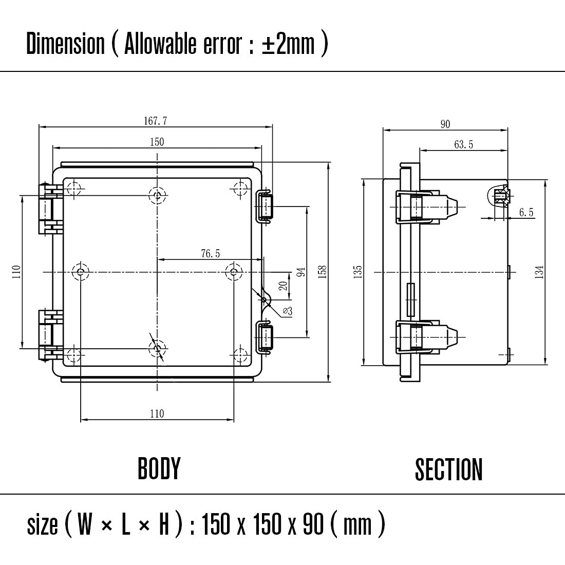 LeMotech Electrical Box, IP67 Waterproof Hinged Clear Cover Stainless Steel Latch Junction Box, ABS Plastic Electrical Enclosure with Mounting Plate,Wall Brackets, Cable Glands,5.9"x5.9"x3.5",Grey