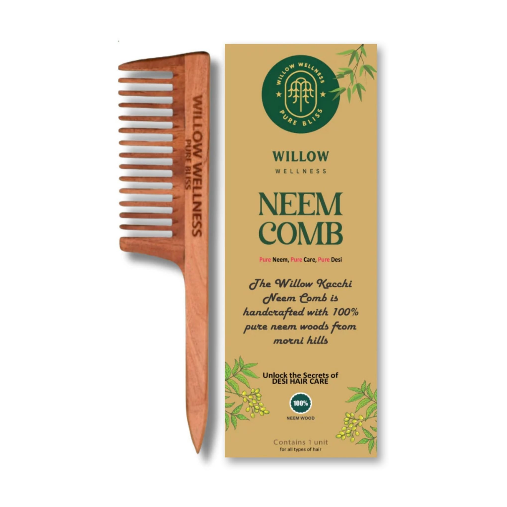 Willow Wellness Wooden Neem Comb | Rat Tail Comb - Wide Tooth Neem Comb for smooth & straight hair, Healthy Scalp, Hair Growth, Hair fall & Dandruff Control for Men & Women | Suited For All Hair Types (Pack of 1)-image-32