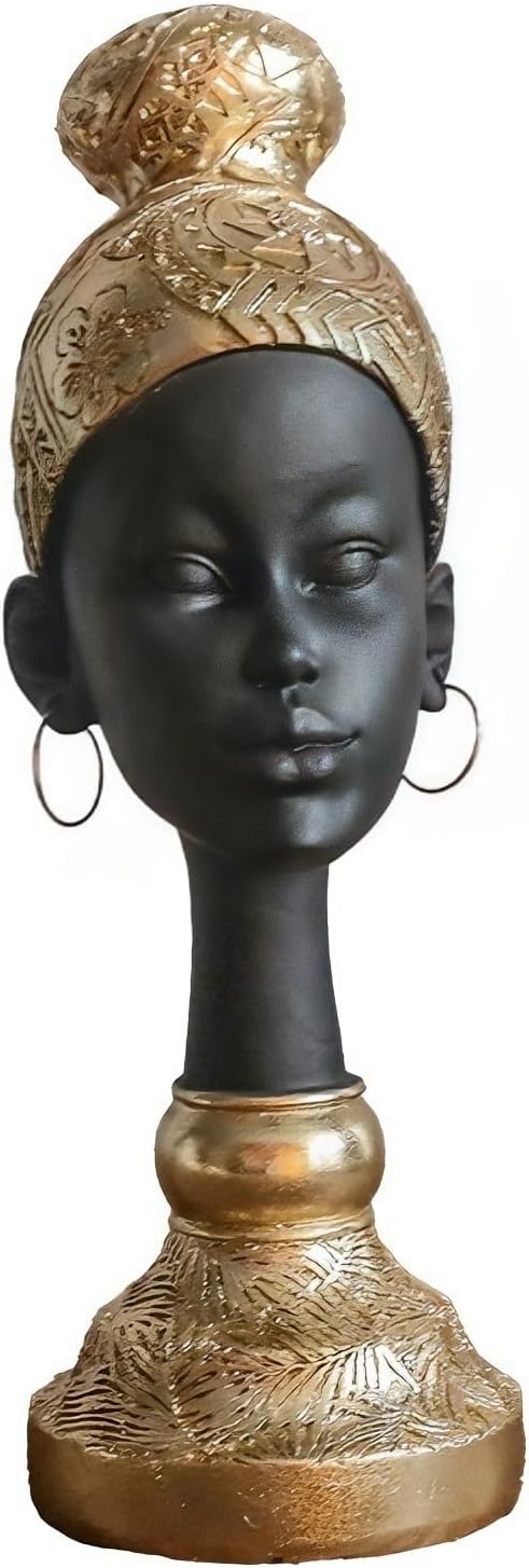 African Woman Face Bust Statue - Black Gold Resin Head Sculpture with Turban and Earrings, Modern Tribal Art Figurine for Bookshelf, Living Room and Office Decor(African Woman Figurine)