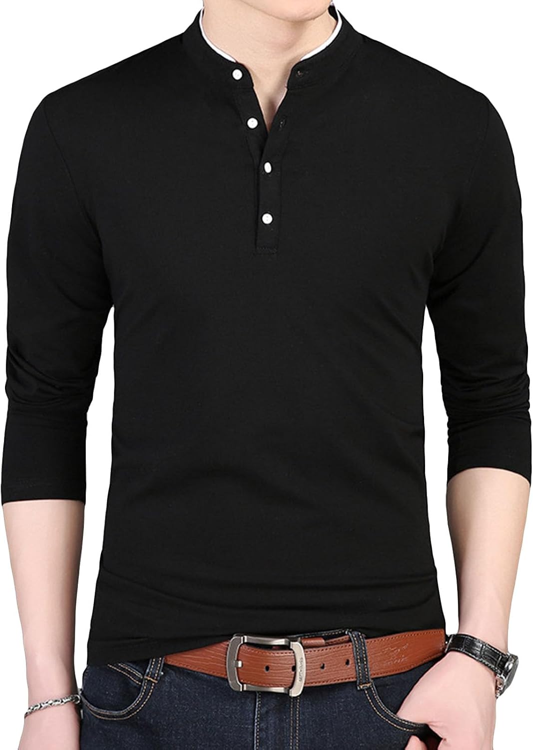 Mens Casual Basic Henley Shirts Slim Fit Button-Up Solid Color Pullover Shirt Fashion Vintage Long Sleeve T-Shirt