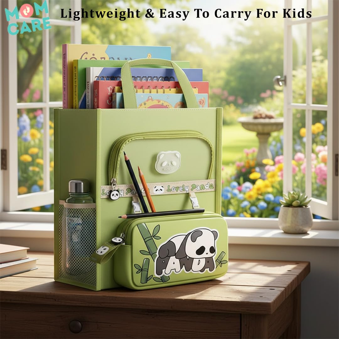 MOM CARE Kids Lunch Bag for School Boys Girls | Cute Panda Insulated Tiffin Bag with Front Pocket | Waterproof Lightweight Multipurpose Tote Bag for Picnic Travel Swimming Daycare | 33 x 33 cm Green 2