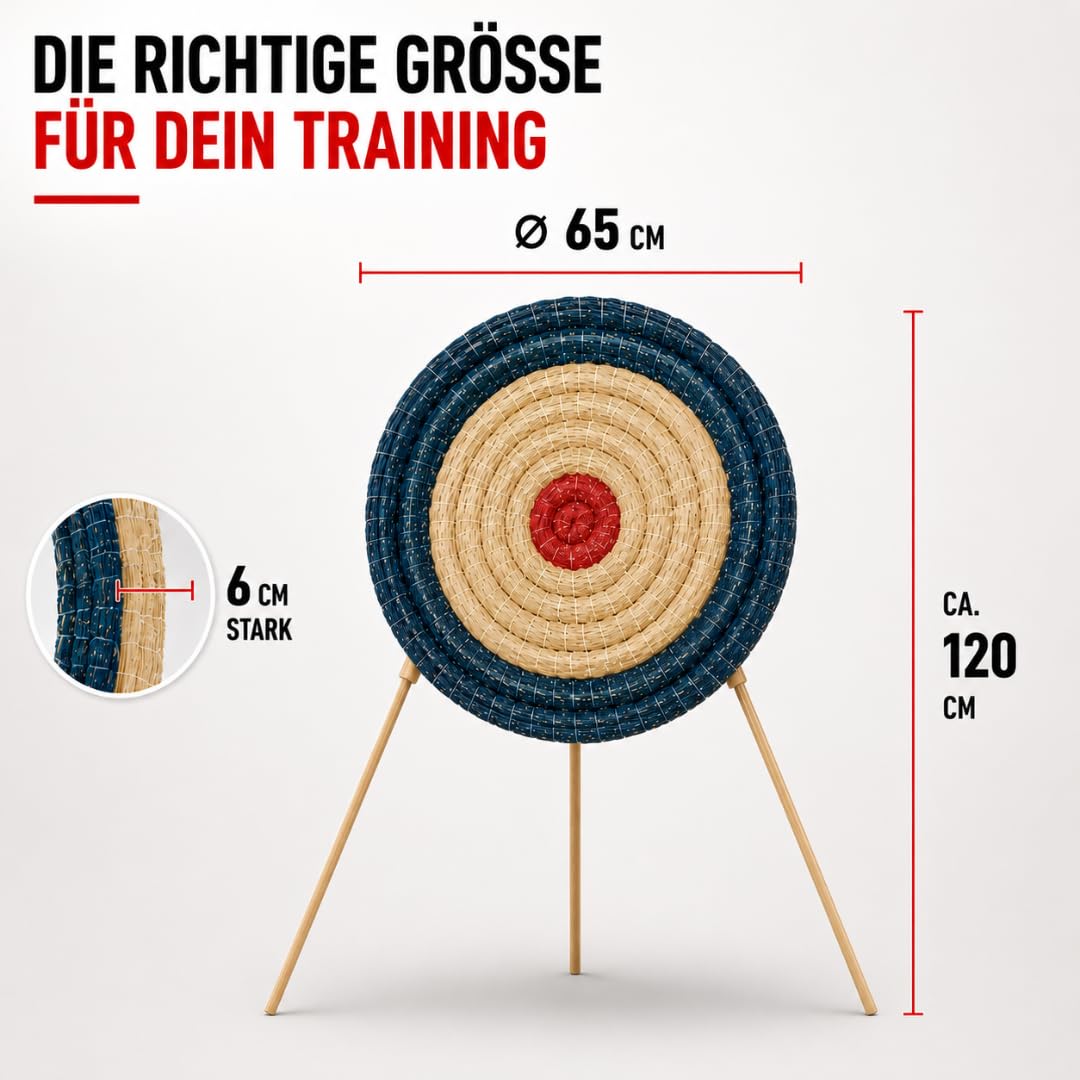 Stronghold Set Zielscheibe 65cm inkl. Ständer Strohzielscheibe | Bogenschießen für Erwachsene & Kinder Stroh Ziel für Pfeil und Bogen Armbrust Wurfmesser