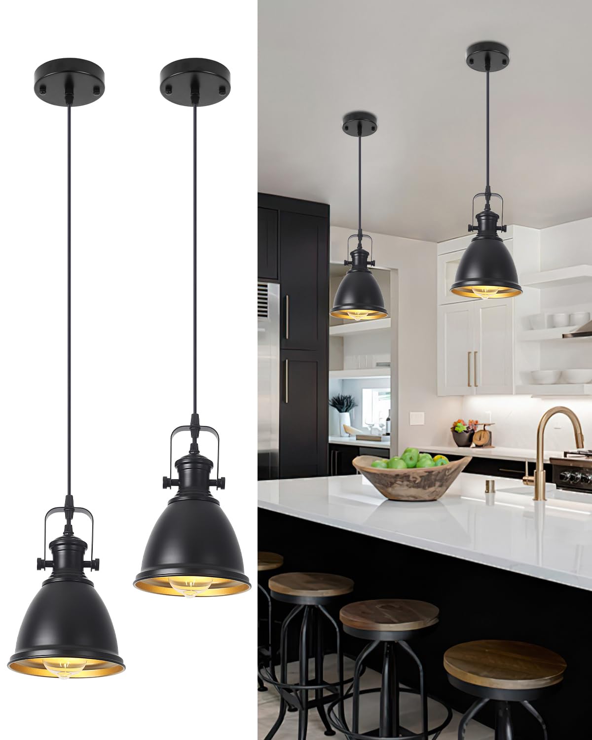 Industrielle Pendelleuchten 2 Stück Retro Pendelleuchte Esstisch Vintage Pendellampe aus Schwarze Metall, Hängelampe Schwarz Gold für Küche Bar Restaurant Wohnzimmer Schlafzimmer Ø16cm E27