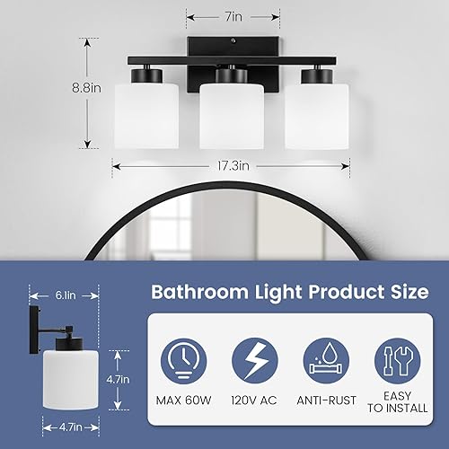 Miniatura 3 de Lámpara de tocador de baño de 3 luces, lámpara de baño negra, luces modernas para baño con pantallas de vidrio blanco lechoso, accesorios de