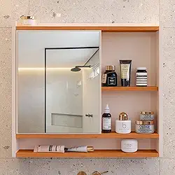 Espelheira Para Banheiro Lavabo com Espelho com Nicho e 1 Porta Aqua (OFF WHITE/AMADEIRADO)