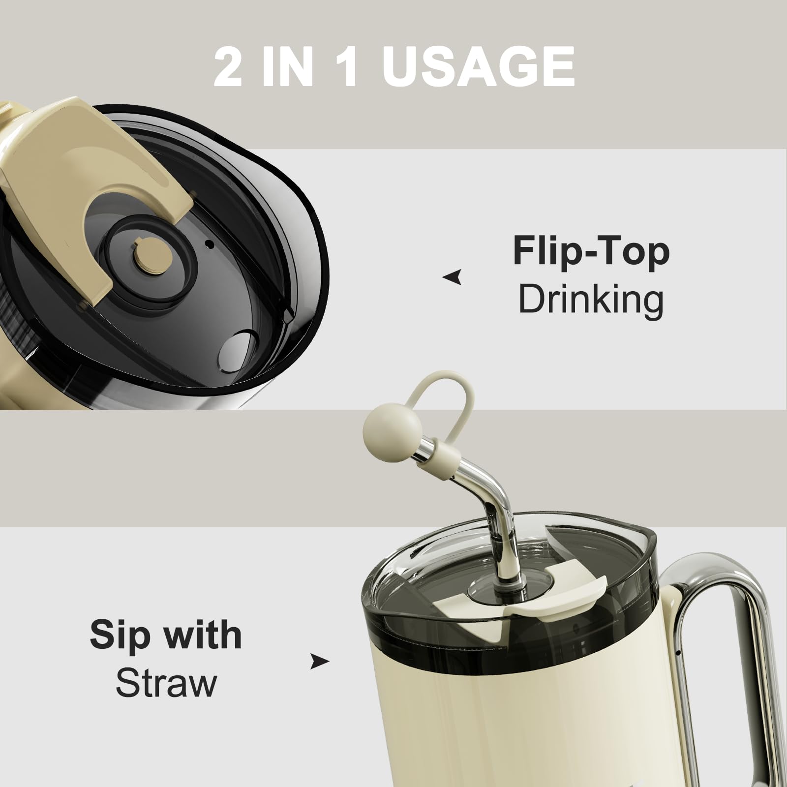 OTE 40oz Thermobecher mit Strohhalm und Henkel, Kaffeebecher to go, Doppelwandiger Edelstahl Vakuum Isolierbecher mit Deckel, Reisebecher Autobecher Becher für Heißer und Kalter Getränke, Beige