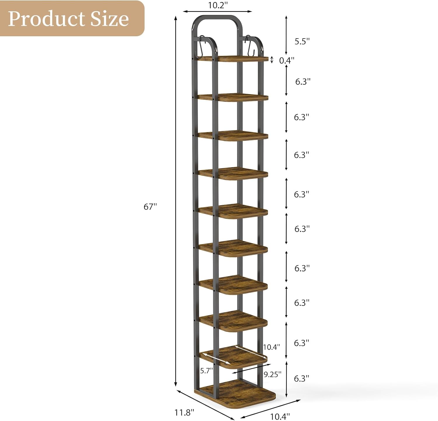 10 Tiers Vertical Shoe Rack, Adjustable Shoe Shelf Storage Organizer with 2 Hooks for Entryway Hallway Bedroom Living Room Closet