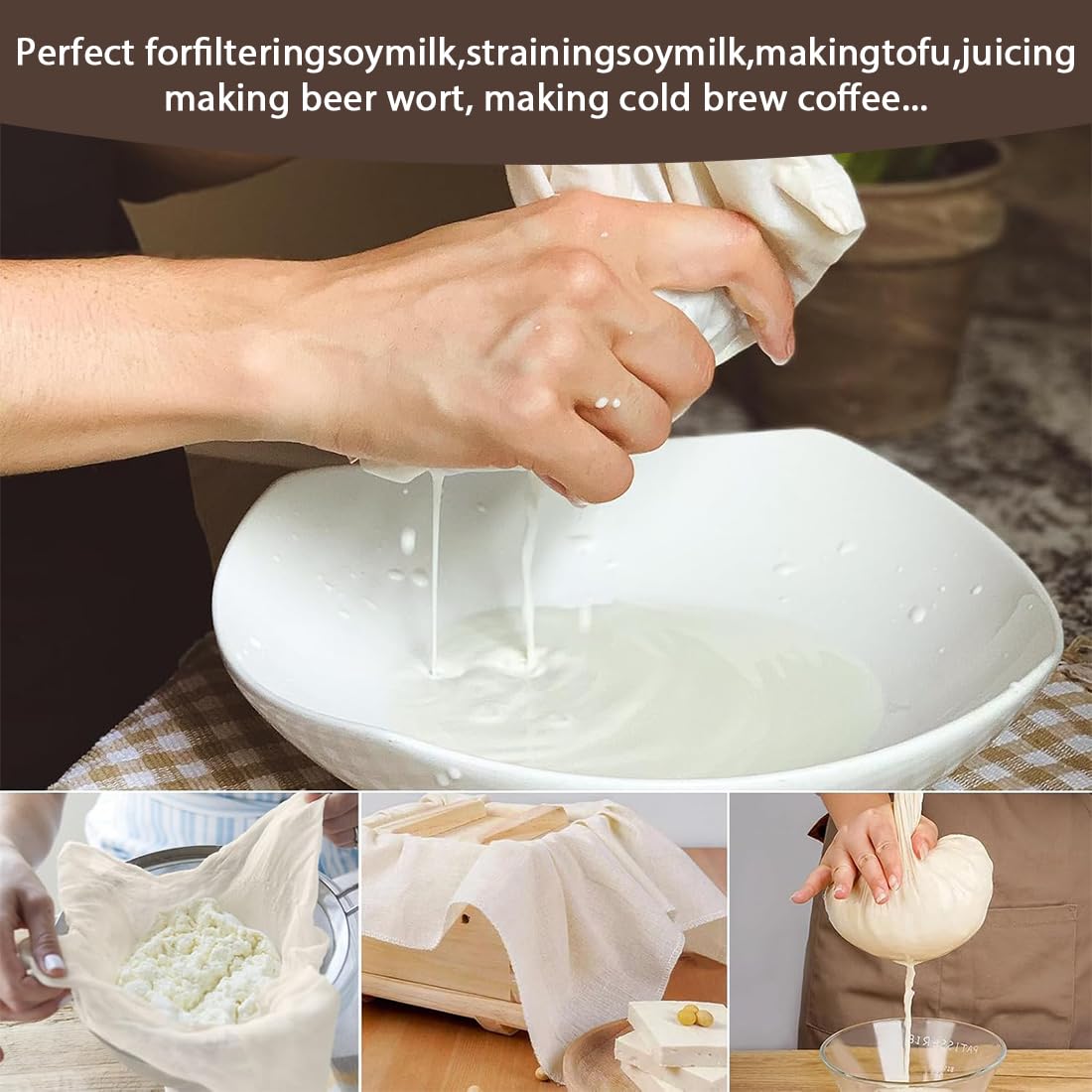 4 Stück Passiertuch,50x50cm Feingewebt Dichtegrad 100 Mulltuch,Käsetuch Waschbares Mulltuch, Ungebleichte Reine Baumwolle Seihtuch,Wiederverwendbar Filtertuch für Käse Beeren Obstsaft